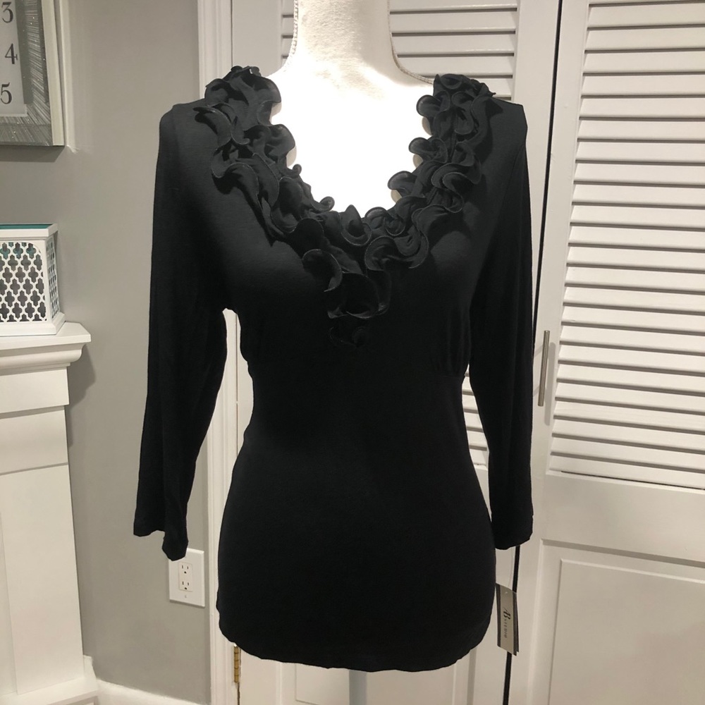 Black Long Sleeve Ruffle Flower Neckline Top